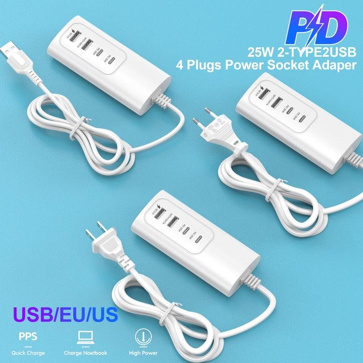 PD 20W Dual USB-C / Type-C + Dual USB 4-Ports Fast Charging Power Socket, USB Plug Cable Length: 30cm