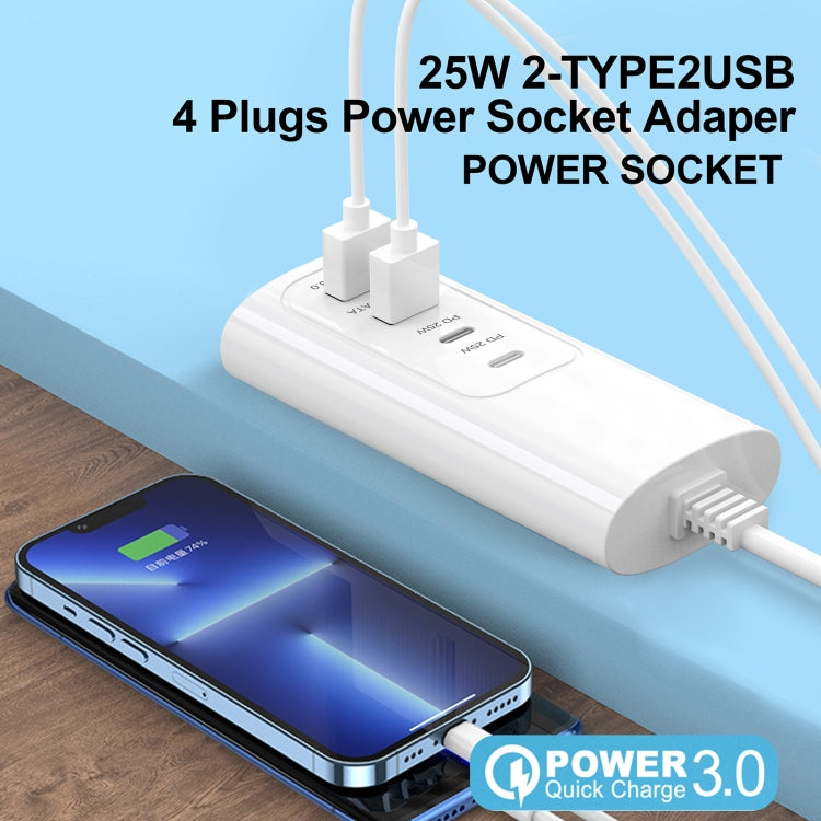 PD 20W Dual USB-C / Type-C + Dual USB 4-Ports Fast Charging Power Socket, USB Plug Cable Length: 1m