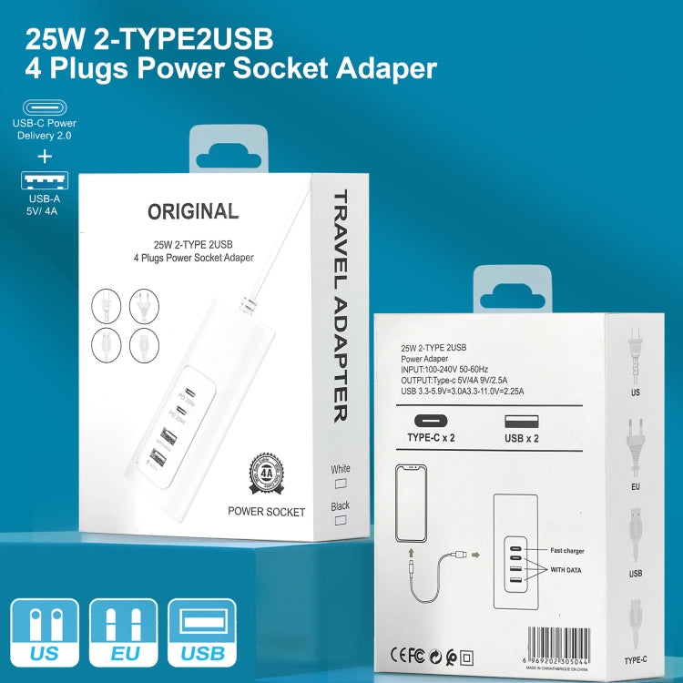 PD 20W Dual USB-C / Type-C + Dual USB 4-Ports Fast Charging Power Socket, USB Plug Cable Length: 1m