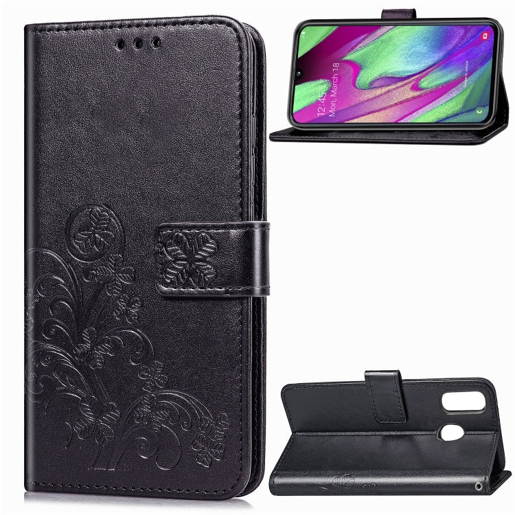 Lucky Clover Pressed Flowers Pattern Leather Case for Galaxy A40, with Holder & Card Slots & Wallet & Hand Strap