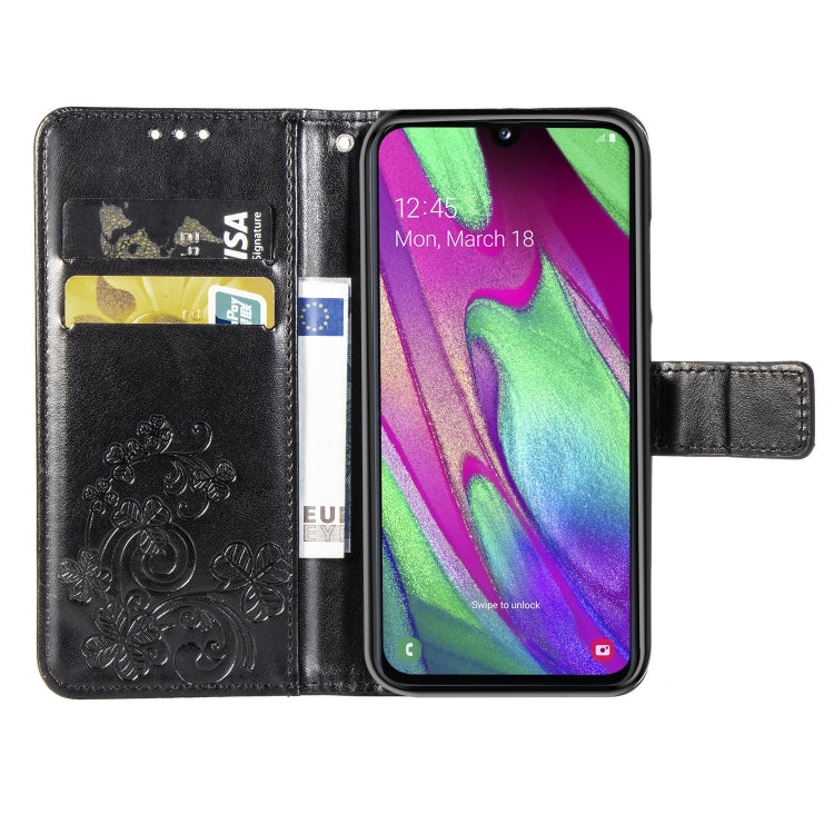 Lucky Clover Pressed Flowers Pattern Leather Case for Galaxy A40, with Holder & Card Slots & Wallet & Hand Strap