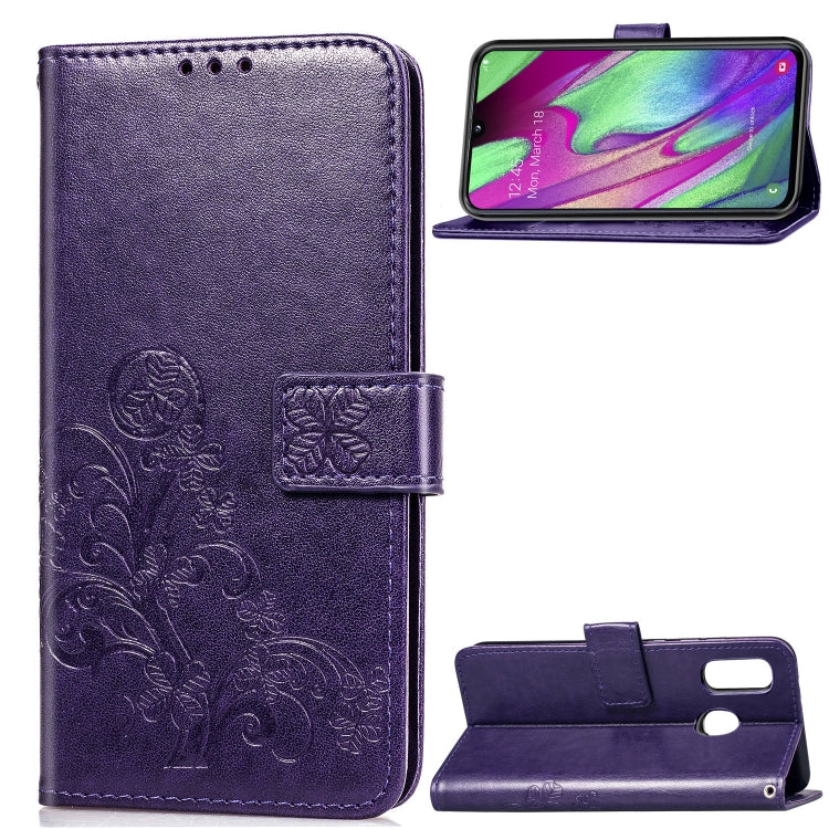 Lucky Clover Pressed Flowers Pattern Leather Case for Galaxy A40, with Holder & Card Slots & Wallet & Hand Strap