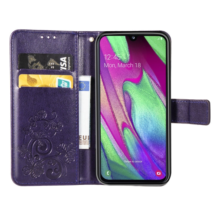 Lucky Clover Pressed Flowers Pattern Leather Case for Galaxy A40, with Holder & Card Slots & Wallet & Hand Strap