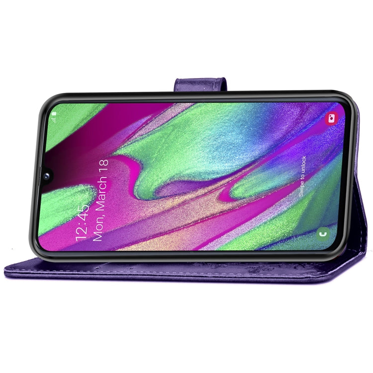 Lucky Clover Pressed Flowers Pattern Leather Case for Galaxy A40, with Holder & Card Slots & Wallet & Hand Strap