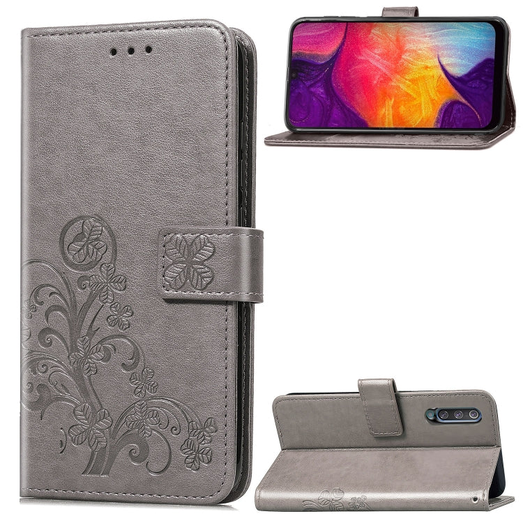Lucky Clover Pressed Flowers Pattern Leather Case for Galaxy A50, with Holder & Card Slots & Wallet & Hand Strap