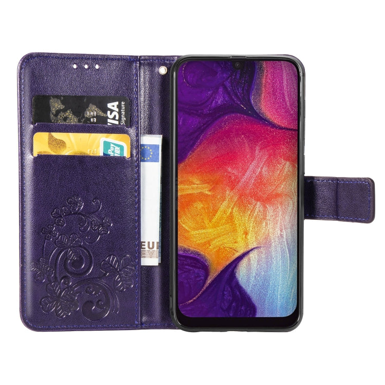 Lucky Clover Pressed Flowers Pattern Leather Case for Galaxy A50, with Holder & Card Slots & Wallet & Hand Strap