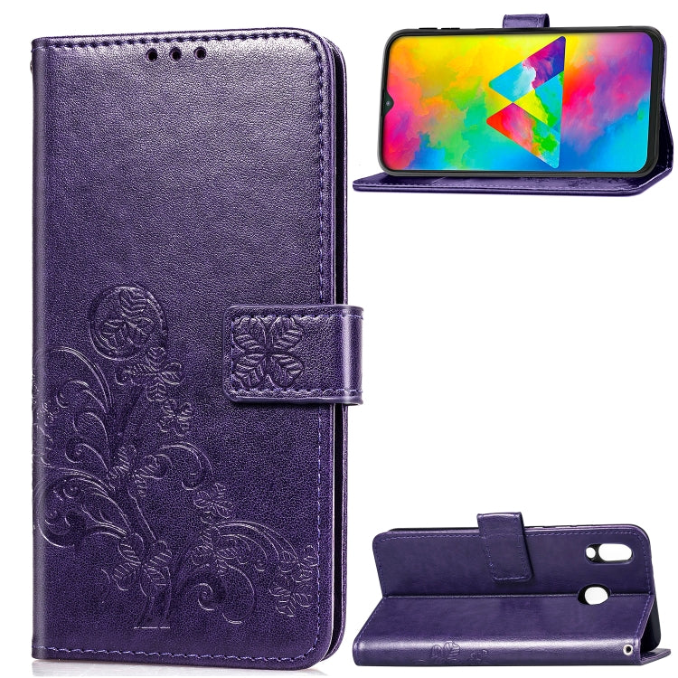 Lucky Clover Pressed Flowers Pattern Leather Case for Galaxy M20, with Holder & Card Slots & Wallet & Hand Strap