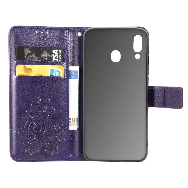 Lucky Clover Pressed Flowers Pattern Leather Case for Galaxy M20, with Holder & Card Slots & Wallet & Hand Strap