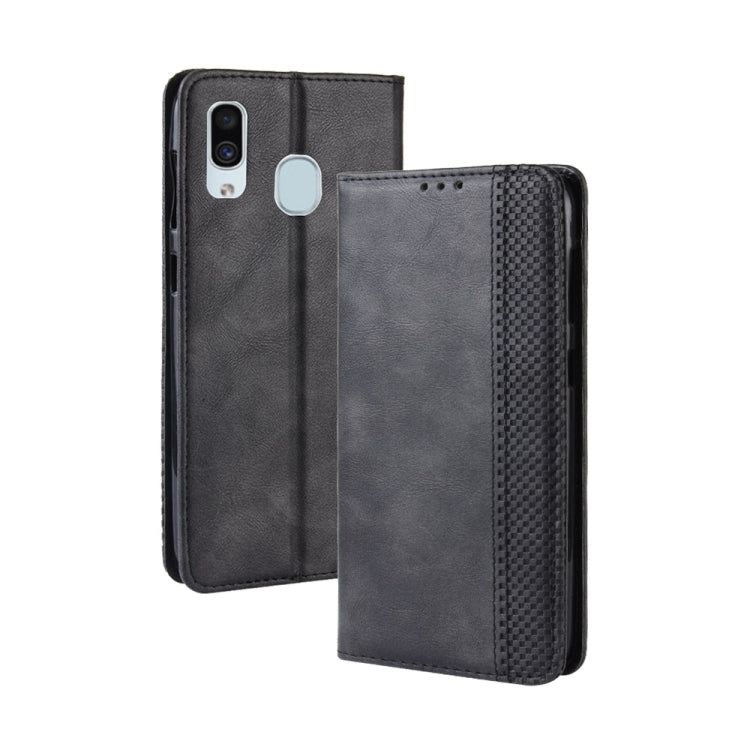Magnetic Buckle Retro Crazy Horse Texture Horizontal Flip Leather Case for Galaxy A20/A30, with Holder & Card Slots & Photo Frame