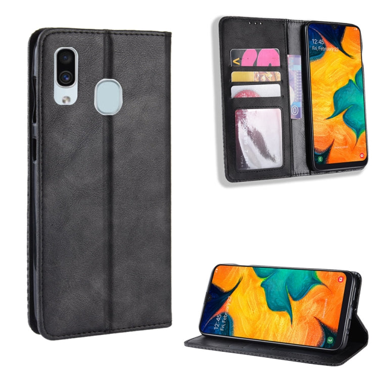 Magnetic Buckle Retro Crazy Horse Texture Horizontal Flip Leather Case for Galaxy A20/A30, with Holder & Card Slots & Photo Frame