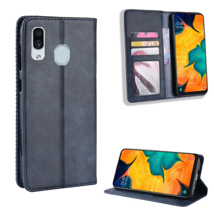Magnetic Buckle Retro Crazy Horse Texture Horizontal Flip Leather Case for Galaxy A20/A30, with Holder & Card Slots & Photo Frame