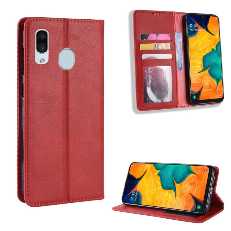 Magnetic Buckle Retro Crazy Horse Texture Horizontal Flip Leather Case for Galaxy A20/A30, with Holder & Card Slots & Photo Frame
