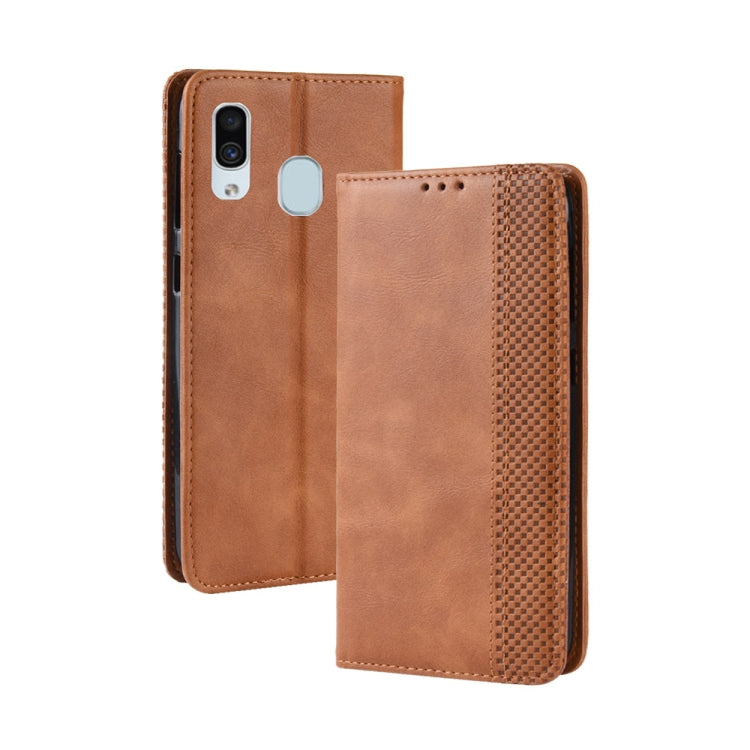 Magnetic Buckle Retro Crazy Horse Texture Horizontal Flip Leather Case for Galaxy A20/A30, with Holder & Card Slots & Photo Frame
