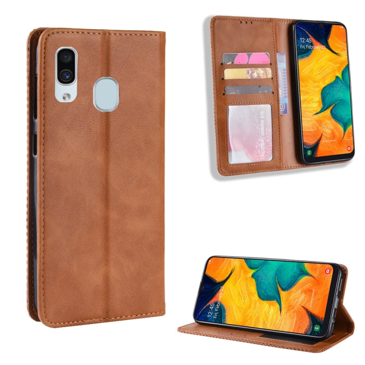 Magnetic Buckle Retro Crazy Horse Texture Horizontal Flip Leather Case for Galaxy A20/A30, with Holder & Card Slots & Photo Frame