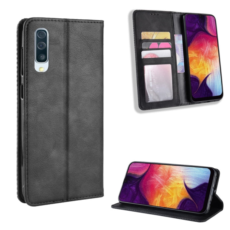 Magnetic Buckle Retro Crazy Horse Texture Horizontal Flip Leather Case for Galaxy A70, with Holder & Card Slots & Photo Frame