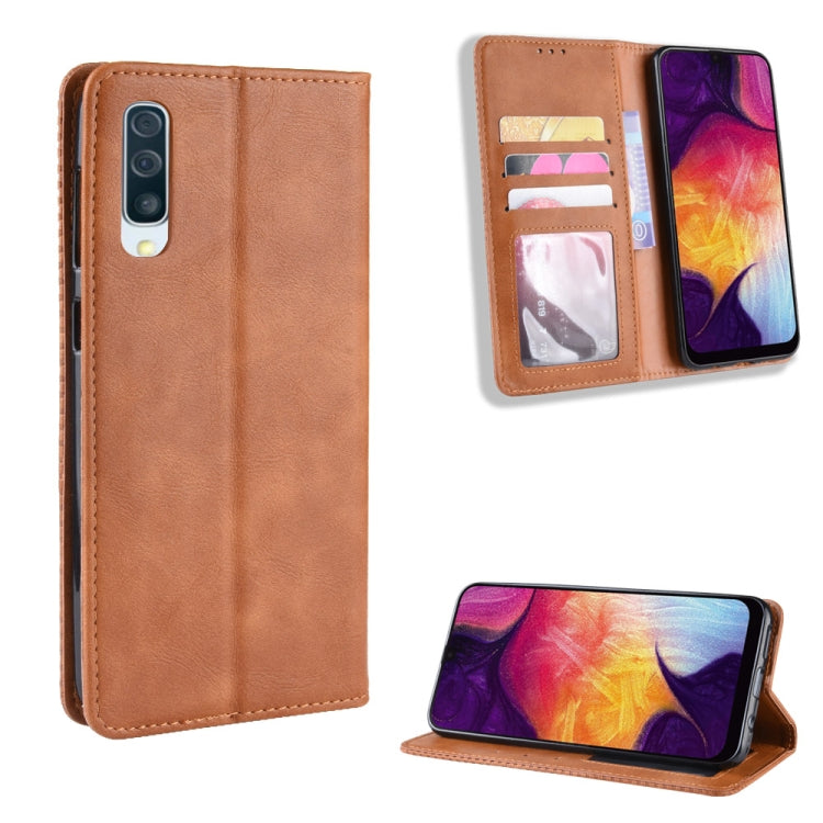 Magnetic Buckle Retro Crazy Horse Texture Horizontal Flip Leather Case for Galaxy A70, with Holder & Card Slots & Photo Frame