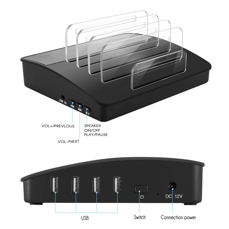 Multi-function 4 Ports USB Detachable Charging Station & Wireless Bluetooth Speaker, For iPad , Tablets, iPhone, Galaxy, Huawei, Xiaomi, LG, HTC and Other Smart Phones, Rechargeable Devices(Black)