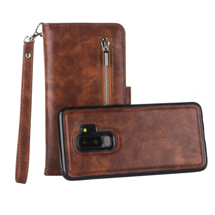 Separable Crazy Horse Texture Zipper Leather Case for Galaxy S9+, with Card Slot & & Wallet & Photo Frame & Lanyard