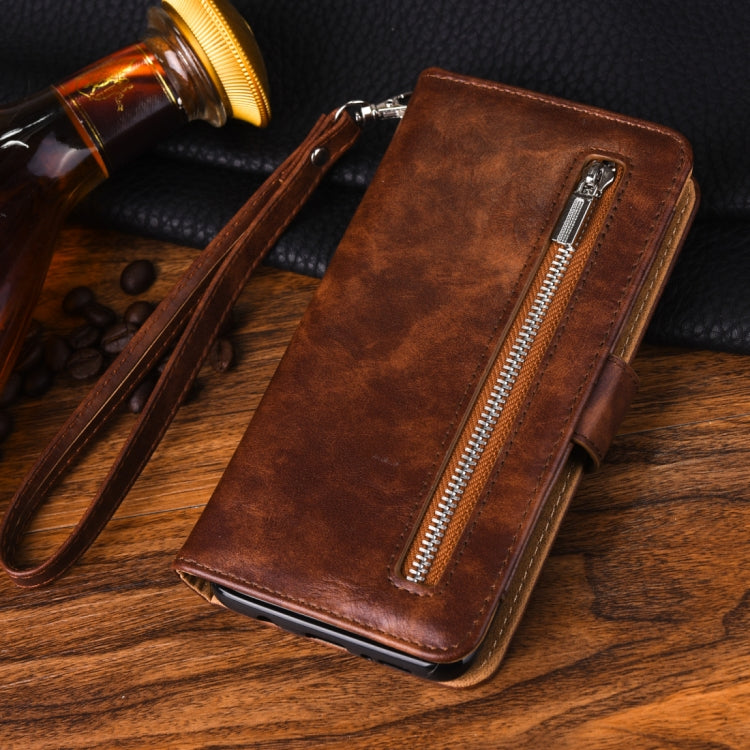 Separable Crazy Horse Texture Zipper Leather Case for Galaxy S9+, with Card Slot & & Wallet & Photo Frame & Lanyard