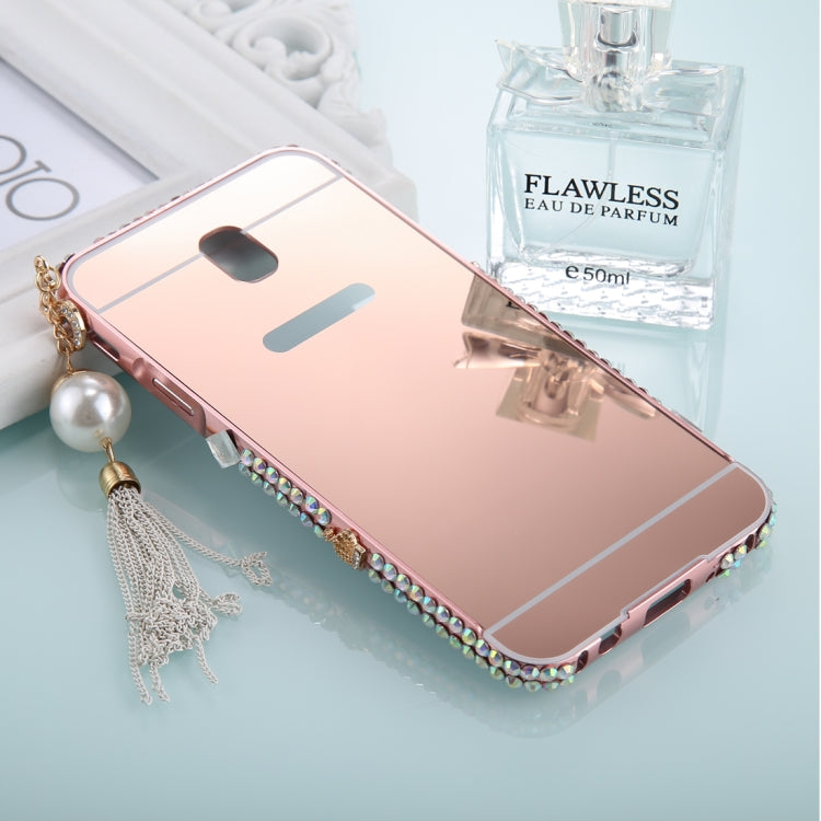 For Galaxy J7 (2017) (EU Version) Pearl Chain Pendant Diamond Encrusted Electroplating Mirror PC Protective Cover Case