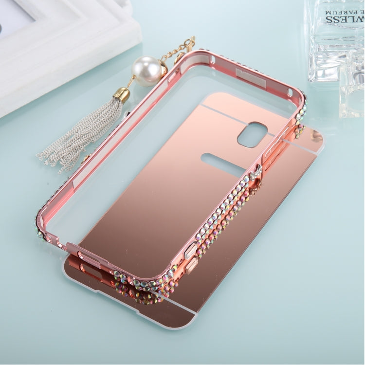 For Galaxy J7 (2017) (EU Version) Pearl Chain Pendant Diamond Encrusted Electroplating Mirror PC Protective Cover Case