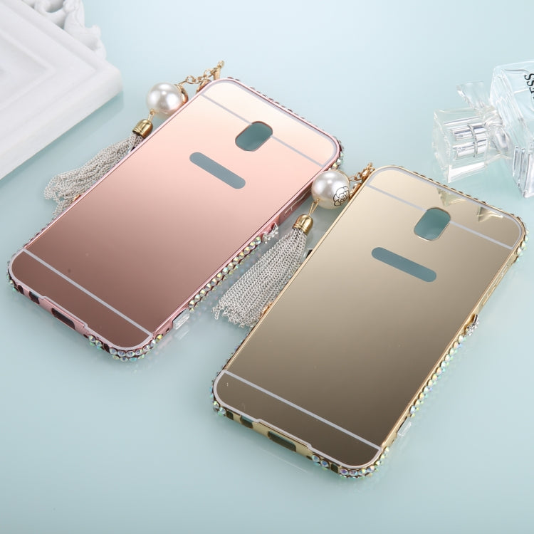 For Galaxy J7 (2017) (EU Version) Pearl Chain Pendant Diamond Encrusted Electroplating Mirror PC Protective Cover Case