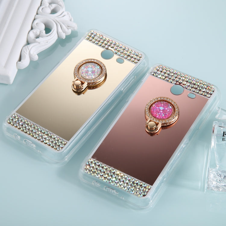 For Galaxy J3 (2017) (US Version) Diamond Encrusted Electroplating Mirror Protective Cover Case with Ring Holder