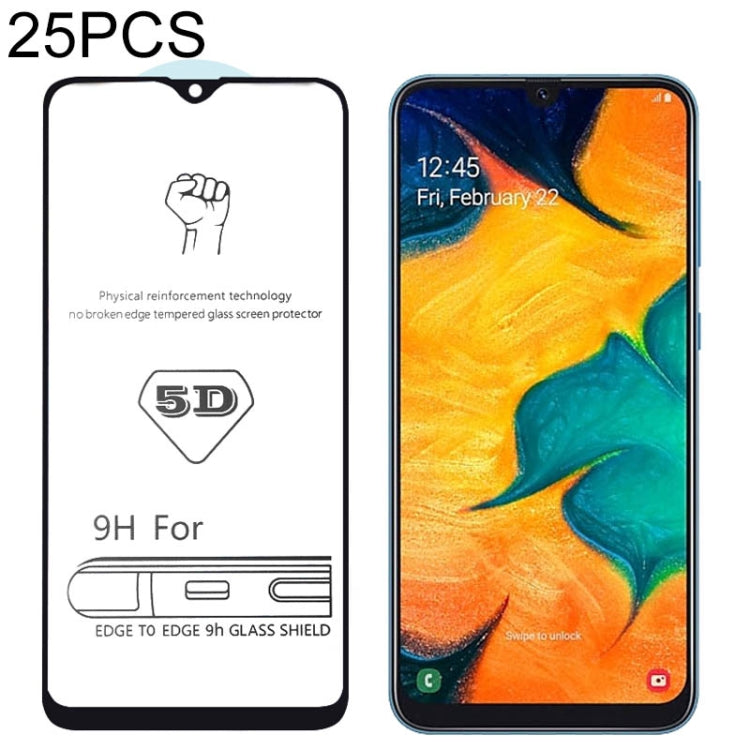 25 PCS 9H 5D Full Glue Full Screen Tempered Glass Film for Galaxy A30 / A50 / M30