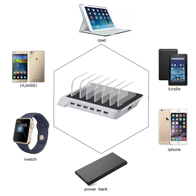 YM-UD06 5V 10.2A Output Universal Desktop Detachable 6 Ports USB Charging Station Multi-Device Hub Charging Dock, For iPad , Tablets, iPhone, Galaxy, Huawei, Xiaomi, LG, HTC and Other Smart Phones, Rechargeable Devices