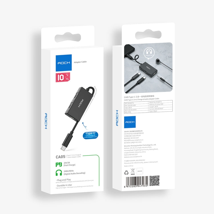 ROCK CA05 3 In 1 Type-C / USB-C Charging Audio Adapter Cable, Length: 18cm(Black)