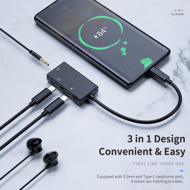 ROCK CA05 3 In 1 Type-C / USB-C Charging Audio Adapter Cable, Length: 18cm(Black)
