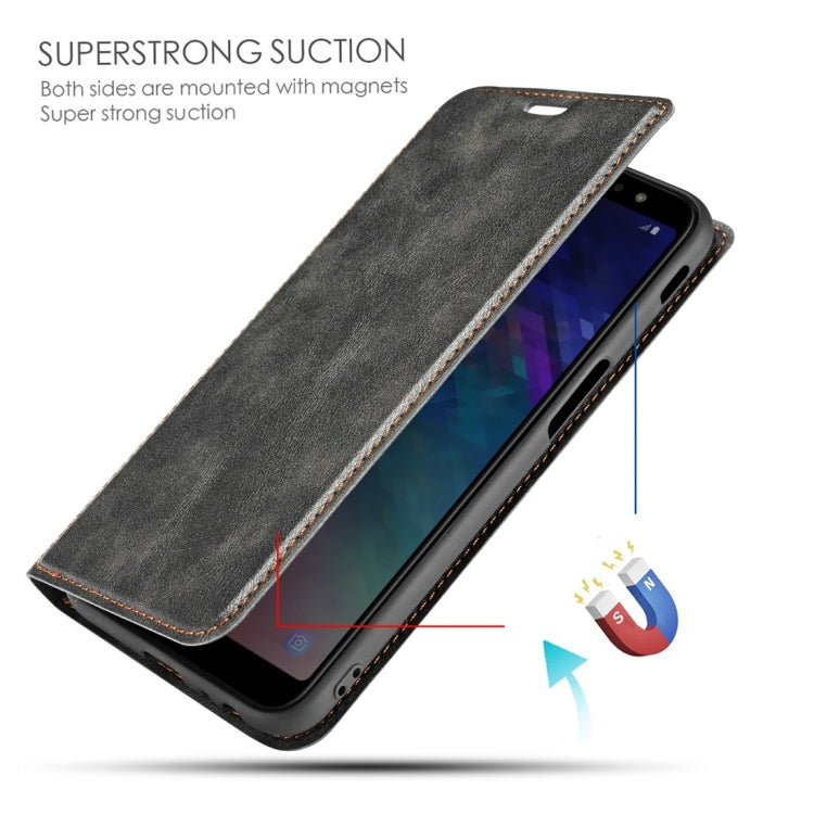 Retro Simple Ultra-thin Magnetic Horizontal Flip Leather Case for Galaxy J6 Plus, with Holder & Card Slots & Lanyard