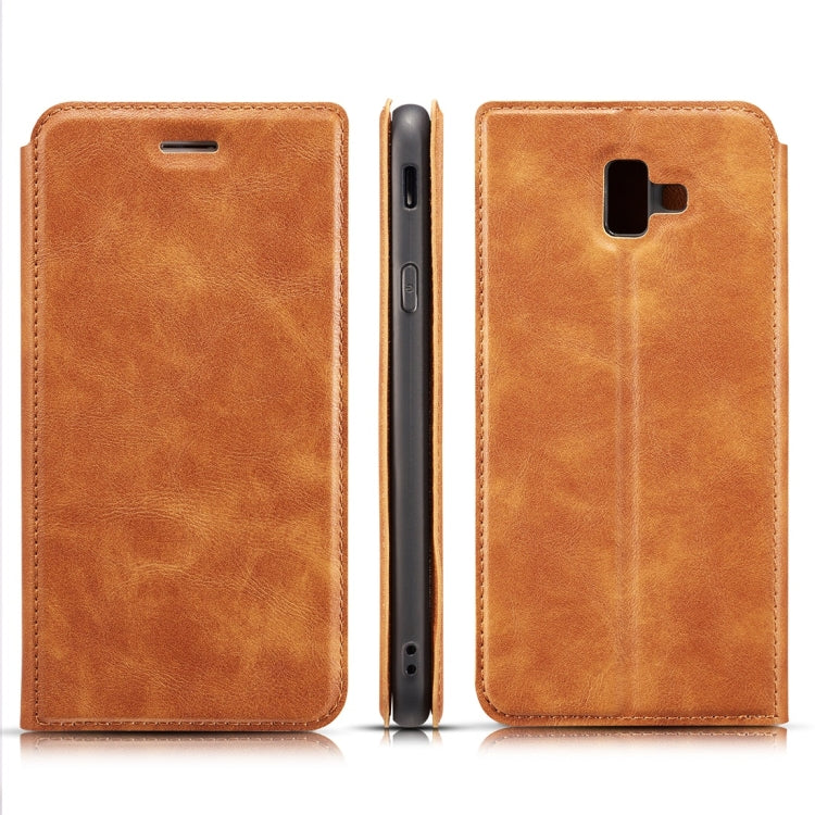 Retro Simple Ultra-thin Magnetic Horizontal Flip Leather Case for Galaxy J6 Plus, with Holder & Card Slots & Lanyard