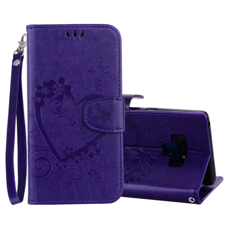 Embossed Heart Butterfly Pattern Horizontal Flip Leather Case for Galaxy Note9, with Card Slot & Holder & Wallet & Lanyard