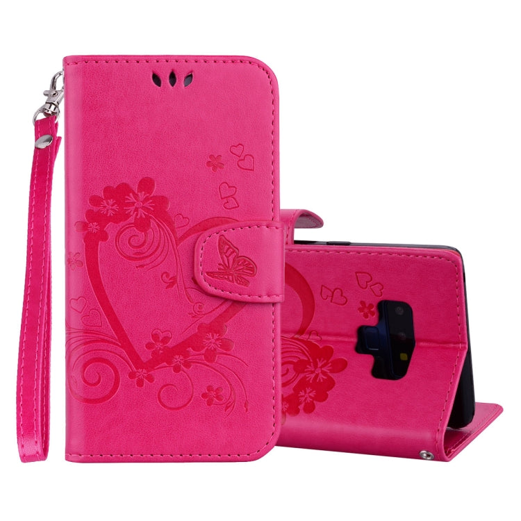 Embossed Heart Butterfly Pattern Horizontal Flip Leather Case for Galaxy Note9, with Card Slot & Holder & Wallet & Lanyard