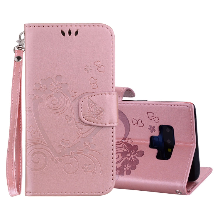Embossed Heart Butterfly Pattern Horizontal Flip Leather Case for Galaxy Note9, with Card Slot & Holder & Wallet & Lanyard