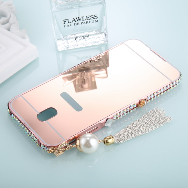 For Galaxy J5 (2017) (EU Version) Pearl Chain Pendant Diamond Encrusted Electroplating Mirror PC Protective Cover Case