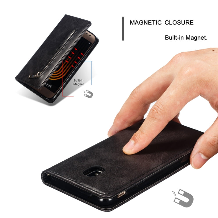 Calf Texture Zipper Magnetic Horizontal Flip Leather Case for Galaxy J330 (J3 2017), with Wallet & Holder & Card Slots