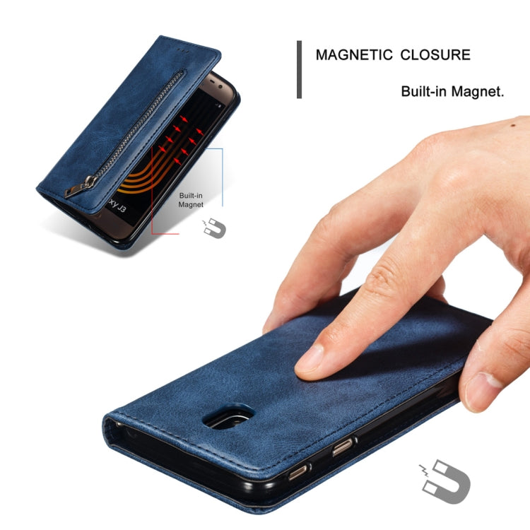 Calf Texture Zipper Magnetic Horizontal Flip Leather Case for Galaxy J330 (J3 2017), with Wallet & Holder & Card Slots