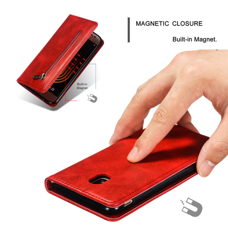 Calf Texture Zipper Magnetic Horizontal Flip Leather Case for Galaxy J330 (J3 2017), with Wallet & Holder & Card Slots