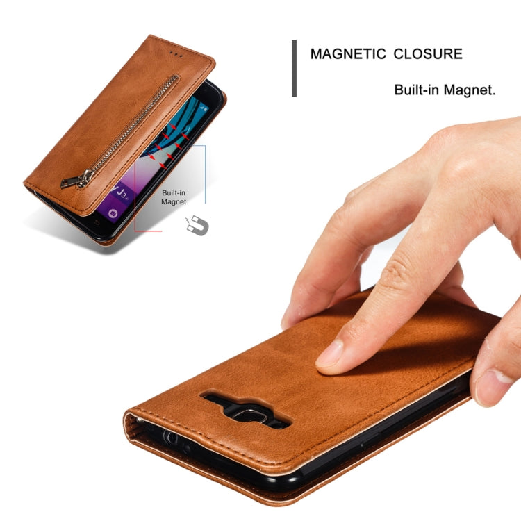 Calf Texture Zipper Magnetic Horizontal Flip Leather Case for Galaxy J310 / J3, with Wallet & Holder & Card Slots