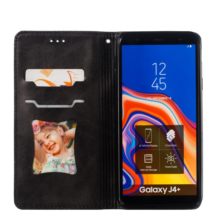 Calf Texture Zipper Magnetic Horizontal Flip Leather Case for Galaxy J4+, with Wallet & Holder & Card Slots
