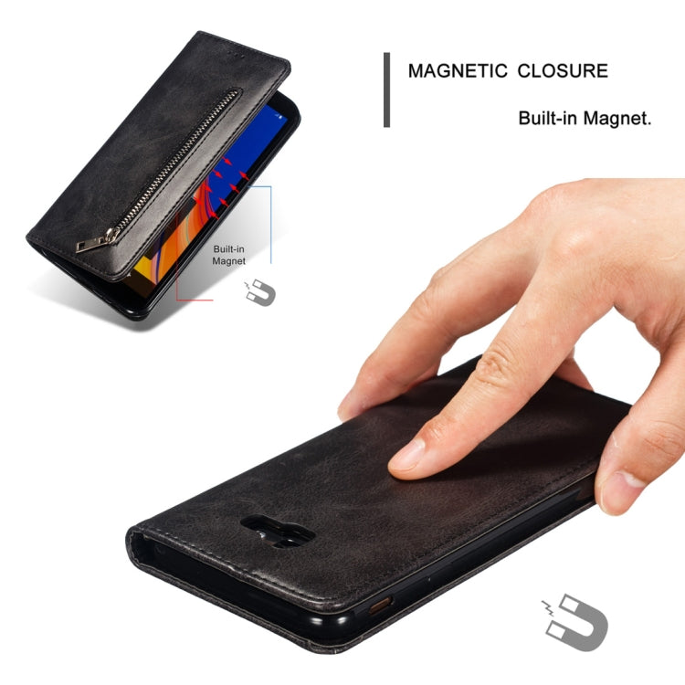 Calf Texture Zipper Magnetic Horizontal Flip Leather Case for Galaxy J4+, with Wallet & Holder & Card Slots
