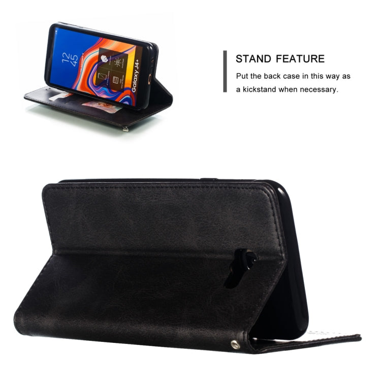 Calf Texture Zipper Magnetic Horizontal Flip Leather Case for Galaxy J4+, with Wallet & Holder & Card Slots