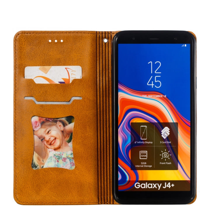 Calf Texture Zipper Magnetic Horizontal Flip Leather Case for Galaxy J4+, with Wallet & Holder & Card Slots