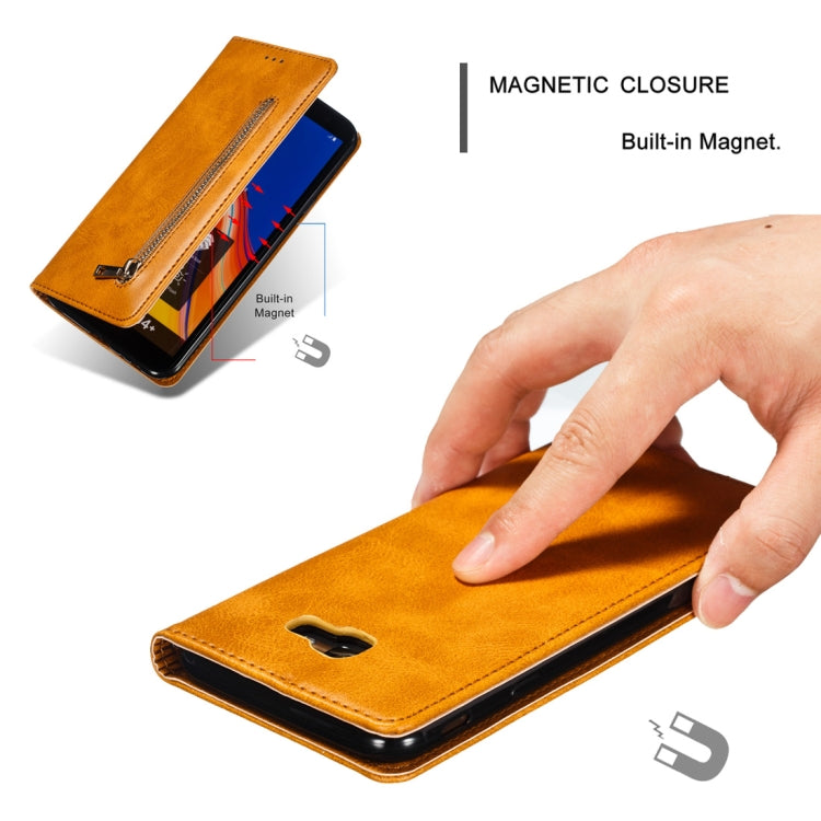 Calf Texture Zipper Magnetic Horizontal Flip Leather Case for Galaxy J4+, with Wallet & Holder & Card Slots