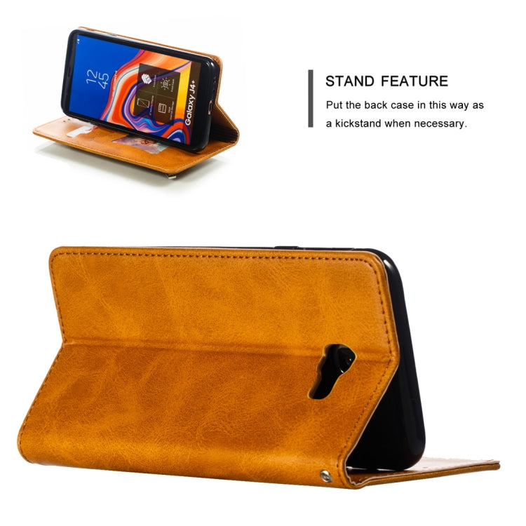 Calf Texture Zipper Magnetic Horizontal Flip Leather Case for Galaxy J4+, with Wallet & Holder & Card Slots