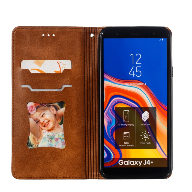 Calf Texture Zipper Magnetic Horizontal Flip Leather Case for Galaxy J4+, with Wallet & Holder & Card Slots