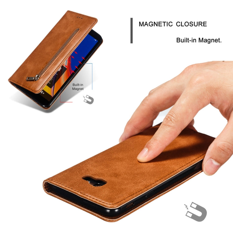 Calf Texture Zipper Magnetic Horizontal Flip Leather Case for Galaxy J4+, with Wallet & Holder & Card Slots