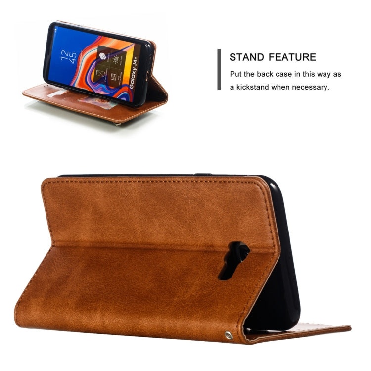 Calf Texture Zipper Magnetic Horizontal Flip Leather Case for Galaxy J4+, with Wallet & Holder & Card Slots